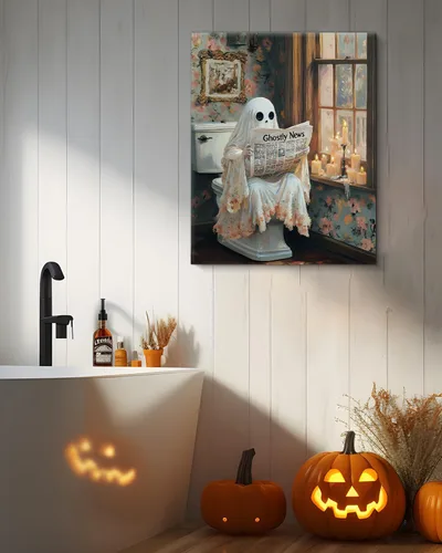 Vista 4 de QPVXSST Arte de Pared Interesante de Fantasma de Halloween para Baño, Póster Impreso en Lienzo de Estilo Gótico, Decoración de Baño con Diseño