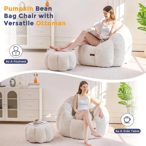 Vista 4 de MAXYOYO - Puf con otomana, silla gigante de calabaza para adultos Beige