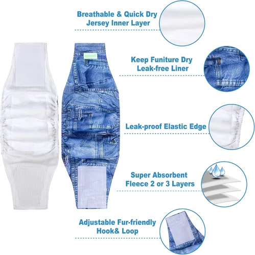 Vista 2 de Pañales para perro macho Wegreeco, lavables (paquete de 2), envoltorio para vientre lavable para perro macho, multicolor/fantasía (JEANS)