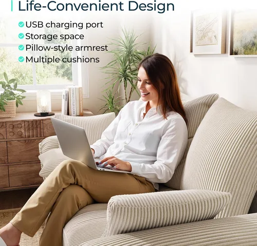 Vista 7 de LINSY HOME Sofá modular con cama extraíble, sofá biplaza modular de pana grande, reposabrazos ancho, sofá modular de 62 pulgadas y 2 asientos