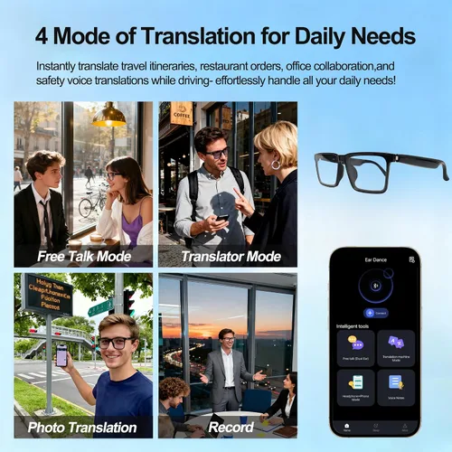 Vista 4 de AI Smart Gafas de Traducción Inalámbricas Bluetooth para Hombres/Mujeres con Altavoces/Bluetooth y Traducción de +140 Idiomas