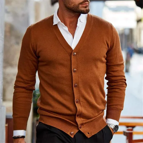 Vista 2 de BIONIO Suéter de punto para hombre, suéter de punto de invierno casual, cuello chal, abrigo de punto grueso delgado con botones
