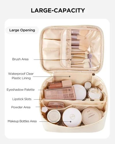Vista 2 de HBlife Bolsa de maquillaje de viaje portátil y bonita bolsa de cosméticos de cuero, bolsa de maquillaje grande, organizador de maquillaje, bolsa