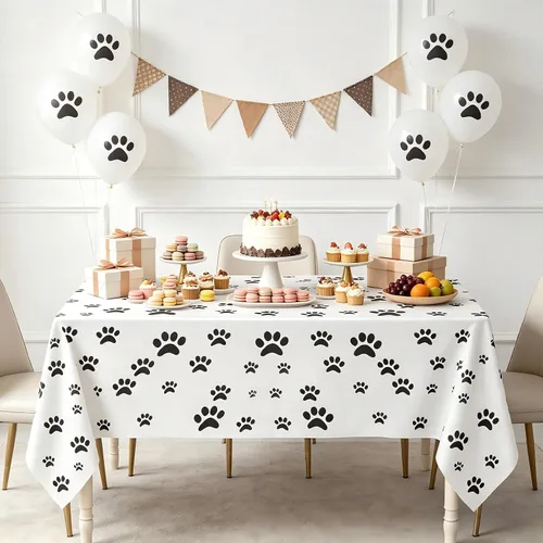 Vista 3 de BOYIVI Mantel de plástico con estampado de patas de cachorro, 3 piezas, tamaño grande, rectangulares, desechables, fundas de mesa rectangulares