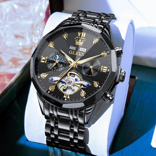 Vista 8 de OLEVS Relojes automáticos para hombre, reloj de vestir mecánico, de acero inoxidable, impermeable, cuerda automática, fecha clásica, diamantes