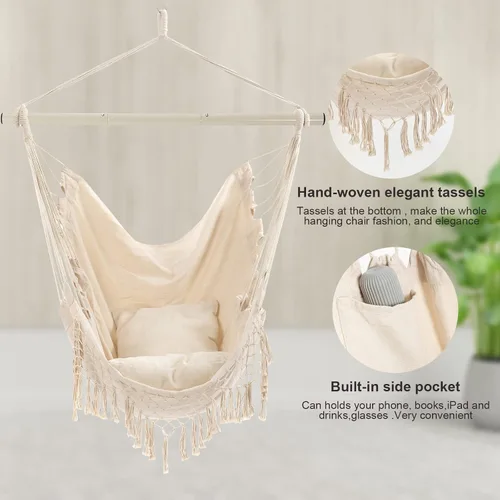Vista 4 de Silla Hamaca, Asiento de Columpio Colgante de Cuerda con 2 Cojines, Silla Colgante de Macramé con Bolsillo Lateral con Varilla de Metal de Alta