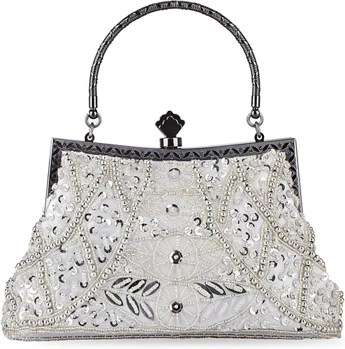 Vista 8 de Bolso de estilo vintage con cuentas de lentejuelas bolso de noche de fiesta de boda bolso de embrague de diamantes de imitación, plateado