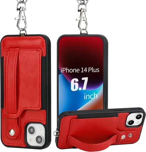 Vista 16 de TOOVREN Funda para teléfono compatible con iPhone 14 Plus, compatible con iPhone 14 Plus, funda con correa para tarjetero, cordón de cuero para Negro