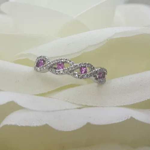 Vista 5 de Anillo de boda apilable de oro de 10 quilates con zafiro rosa y diamante blanco para mujer, zafiro rosa, Zafiro