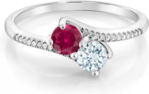 Vista 3 de Gem Stone King Anillo de compromiso Forever United de oro blanco de 10 quilates con 2 piedras rojas creadas en rubí y azul cielo aguamarina