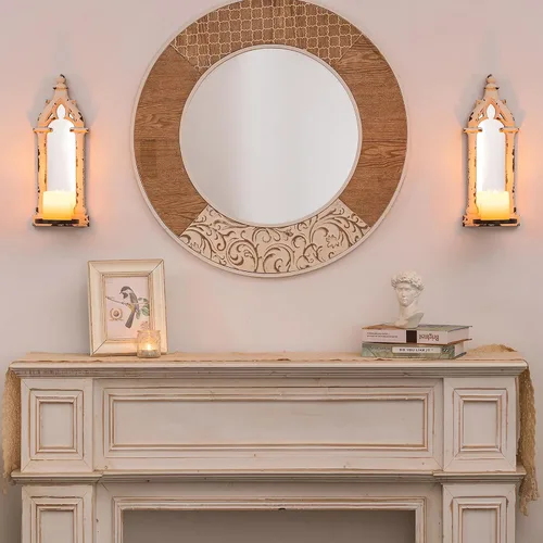 Vista 2 de Juego de 2 candelabros de pared con espejo real, color blanco envejecido French Wood Wall Candle Holder, Shabby Chic Decor, Pointed Arch Frame