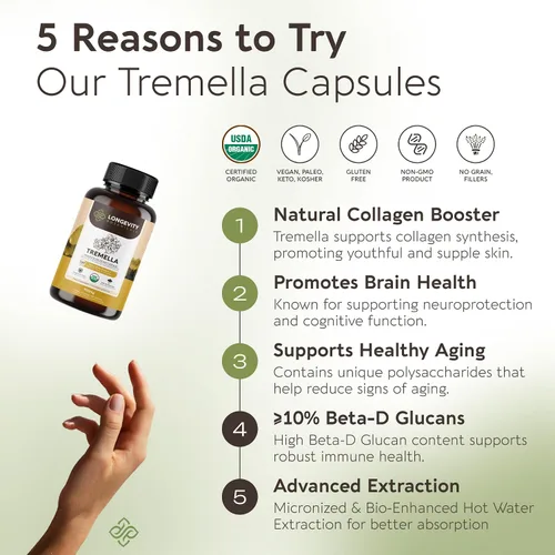 Vista 3 de Longevity Botanicals Cápsulas orgánicas de hongos Tremella Extracto de suplemento de 120 unidades Cuerpo fructífero de hongos de nieve ≥10%