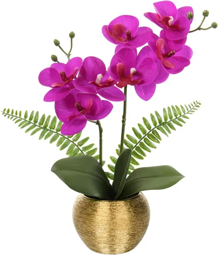 Vista 7 de Briful Pequeñas flores artificiales de orquídeas artificiales de 13 pulgadas en maceta de cerámica plateada, arreglo de orquídeas artificiales