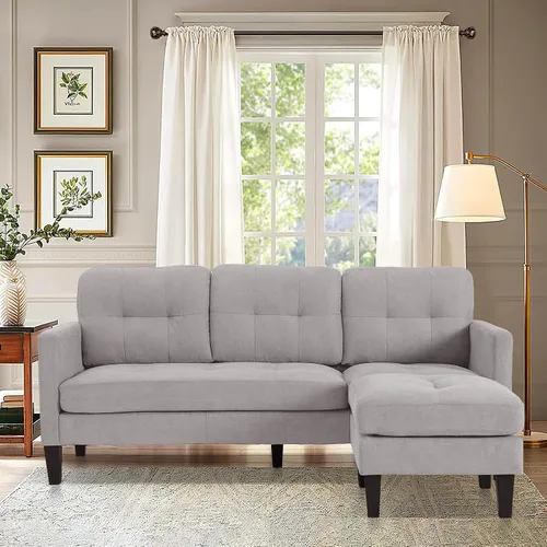 Vista 9 de Grepatio Sofá modular convertible, sofá en forma de L con tela de lino moderna para espacio pequeño (negro)