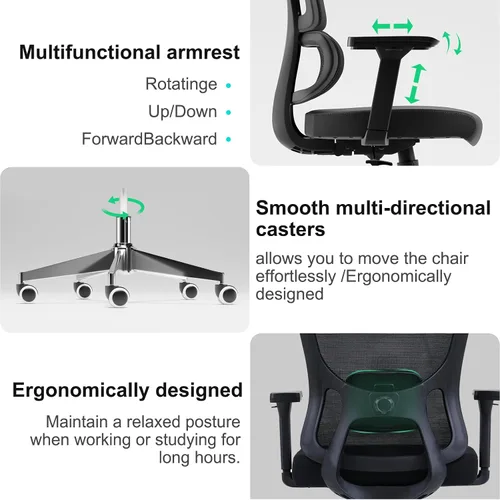 Vista 7 de Silla ergonómica de oficina de escritorio, silla de computadora de respaldo alto con reposabrazos giratorios 3D ajustables para mayor comodidad