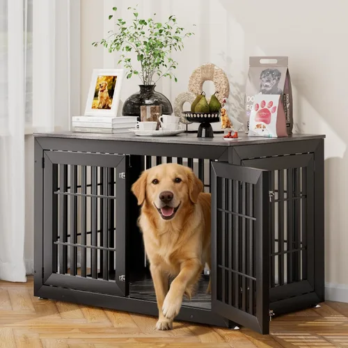 Vista 22 de Snuowu Mueble de jaula de perro resistente de 26 pulgadas para perros pequeños, medianos y grandes, jaula rústica de madera para perros, muebles