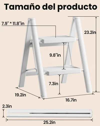 Vista 8 de SOLADDER Escalera de 2 escalones, taburete plegable, escalera de mano Blanco