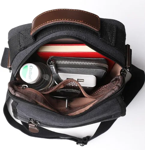 Vista 5 de XINCADA Bolso de mensajero para hombre, bolso de hombro de lona, bolso de viaje, bolso cruzado para el trabajo, negocios, Carbón negro