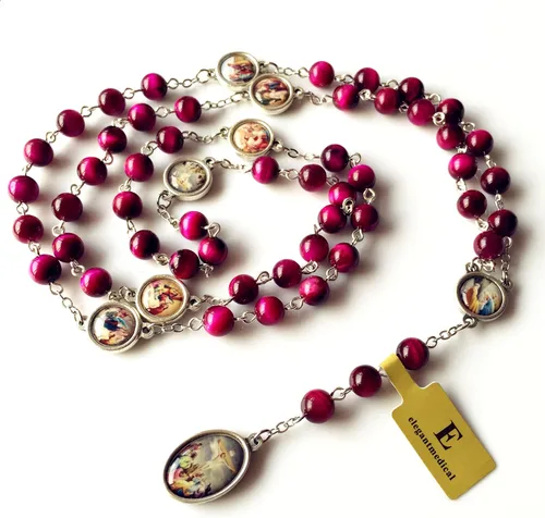 Vista 5 de elegantmedical Hecho a mano con cuentas de jade de ojo de tigre rojo raro, siete penas, medalla de María, rosario, regalo católico, Jade, No es una