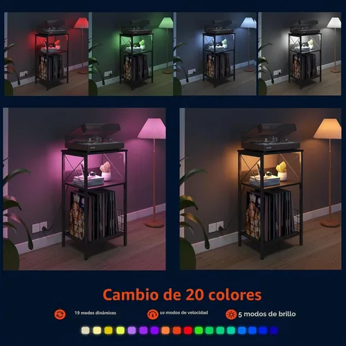 Vista 6 de Sthmec - Mesa auxiliar de 3 niveles con estación de carga, tocadiscos LED para almacenamiento de vinilo, estante de discos para álbumes, mesas Negro