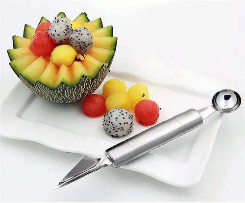 Vista 2 de 2 cucharas de melón Baller, formas de cortador de frutas de acero inoxidable, herramienta multifuncional para tallar cucharada de melón