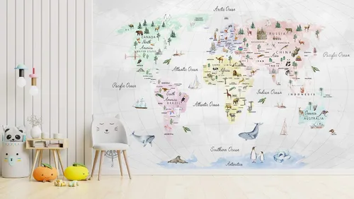 Vista 3 de Murwall Papel pintado para niños con mapa del mundo educativo para niños
