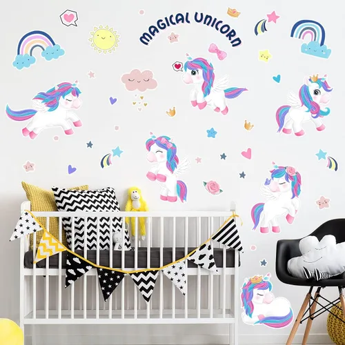 Vista 2 de fanquare Calcomanías de pared mágicas de unicornio con diseño de corazón de arco iris, decoración de pared para niños, niñas, dormitorio, sala