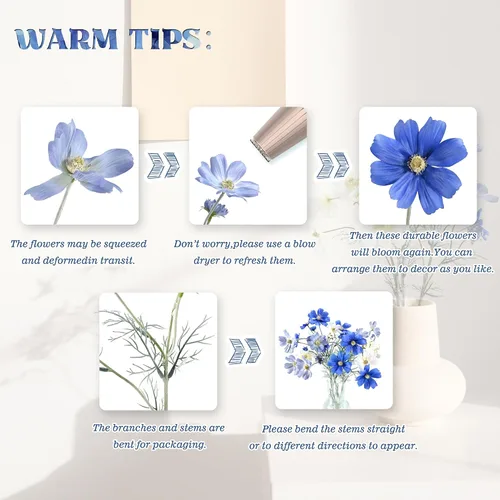 Vista 6 de 6 piezas de Coreopsis de seda azul, flores cosmos de tallo largo flexibles Soft silk blooms with bendable wire stems, total 24 flowers