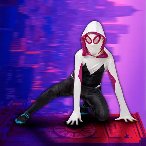Vista 4 de QDDBUDDY Disfraz de araña fantasma para niñas, traje de superhéroe 3D para Halloween, cosplay, traje de elastano