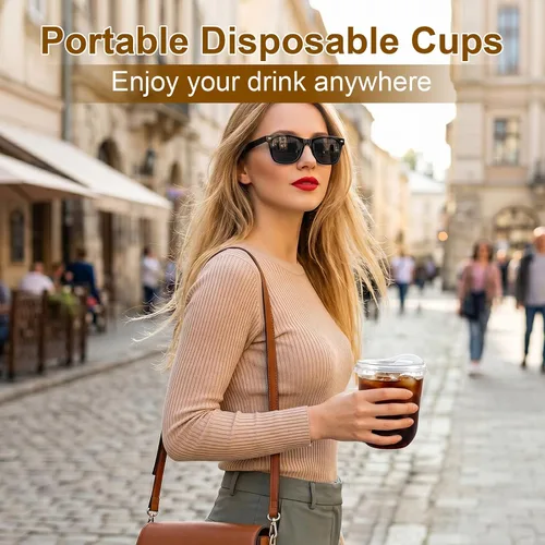 Vista 7 de Paquete de 50 vasos de plástico transparente de 12 onzas con tapas para sorber, tazas de café helado desechables gruesas para llevar bebidas frías