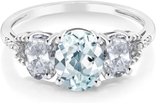 Vista 21 de Anillo de compromiso ovalado de oro blanco de 10 quilates con piedra natal y topacio blanco de 3 piedras con detalles de diamante Centro de 0.315