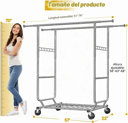 Vista 7 de Raybee Perchero de carga de 620 libras, almacenamiento de ropa de metal con estante y ruedas resistentes, estante de ropa rodante para dormitorio