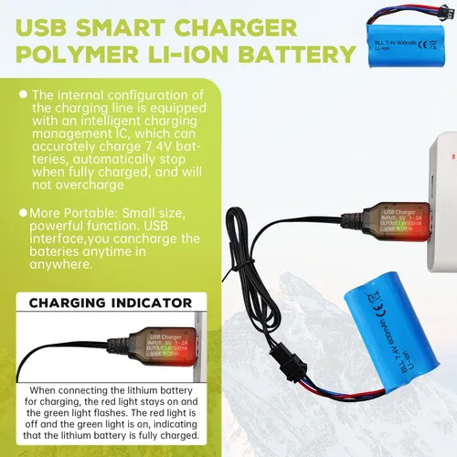Vista 3 de 2 unids 7.4 V 600 mAh 2S batería de iones de litio con enchufe SM-3P con 2 unids cable de carga USB para DE82 TK3086B G20601 RC juguete RC coche
