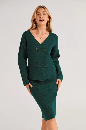 Vista 7 de PRETTYGARDEN Conjunto de 2 piezas de suéter para mujer, con cuello en V, con botones, cárdigan y falda entallada