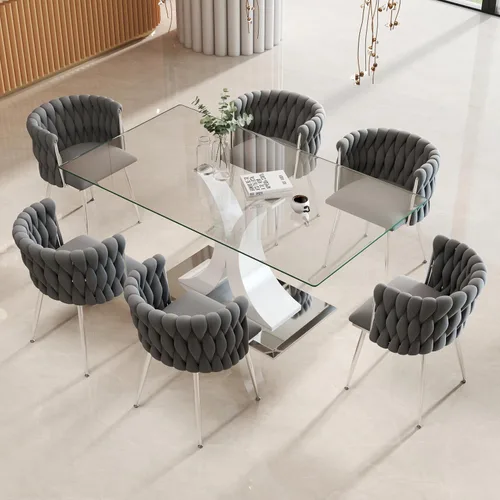 Vista 15 de Juego de comedor moderno de vidrio de lujo de 5 piezas, juego de cena rectangular minimalista grande para 4, juego de mesa de cocina de vidrio