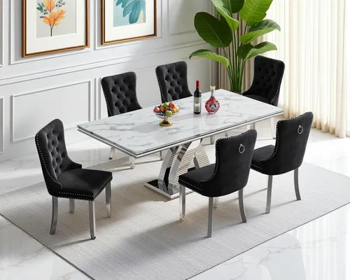 Vista 57 de Juego de 4 mesas de comedor blancas y doradas, mesa de cocina rectangular de 68 pulgadas con parte superior de mármol sintético blanco, mesa de Mesa