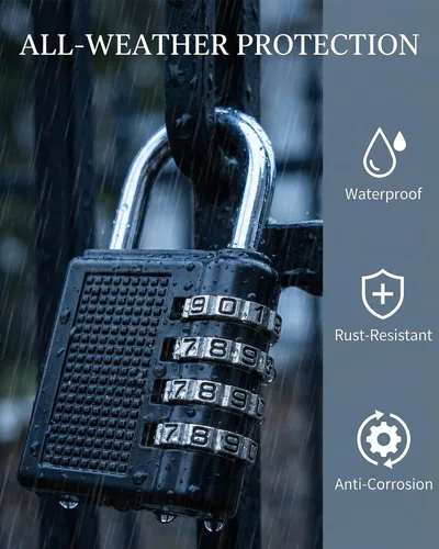 Vista 2 de Candado de combinación de 4 dígitos, cerradura de seguridad impermeable negra, paquete de 2, acero resistente para taquillas de gimnasio escolar