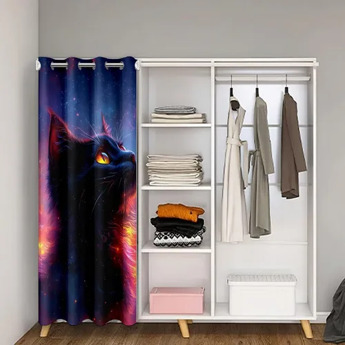 Vista 2 de Manfei Bonita cortina de puerta de gato negro Kawaii para puerta de armario, cortinas opacas con temática de animales estrellados, cortina opaca