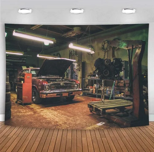 Vista 7 de Fondos de garaje antiguos para fotografía de 5 x 3 pies, fondos de reparación de automóviles temáticos para fiesta de fotos y accesorios de estudio