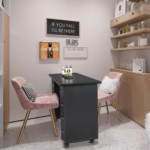 Vista 4 de Mesa rodante de manicura, estación de escritorio de uñas, estación de manicura para salón de belleza, equipo de arte de uñas con 4 cajones y Negro