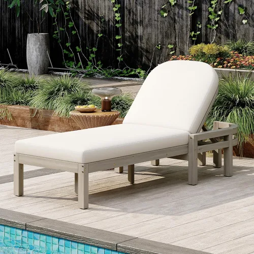 Vista 20 de Tumbona reclinable para patio al aire libre con respaldo ajustable de 5 posiciones y mesa auxiliar de madera, silla lounge para todo tipo de clima