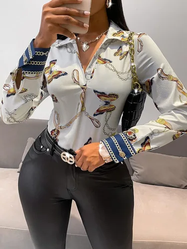 Vista 5 de Floerns Blusa de manga larga con estampado de mariposas y cuello con botones frontales para mujer