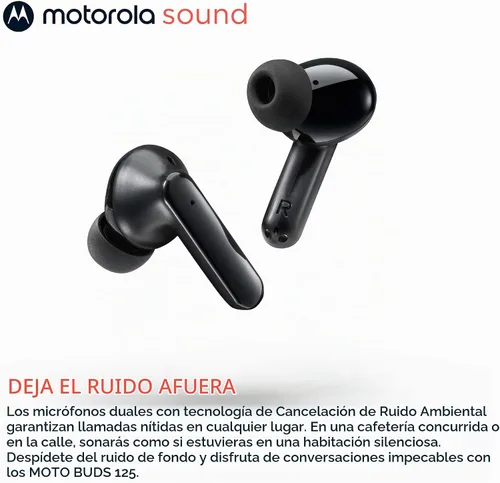 Vista 4 de Motorola Sound Moto Buds 125 True Wireless Earbuds, IPX5, impermeables, a prueba de sudor, control táctil, con micrófono de cancelación de ruido