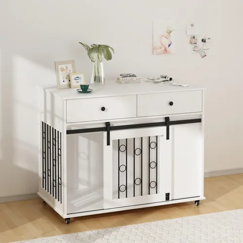 Vista 6 de Mueble moderno de madera para perros con cajones dobles y puerta corrediza de granero, mesa auxiliar decorativa para perrera con ruedas