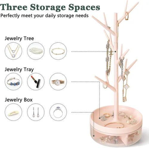 Vista 2 de MZYOUHUO Soporte para árbol de joyería, organizador de joyas 3 en 1, soporte para collar con bandeja acrílica para aretes, collares, pulseras