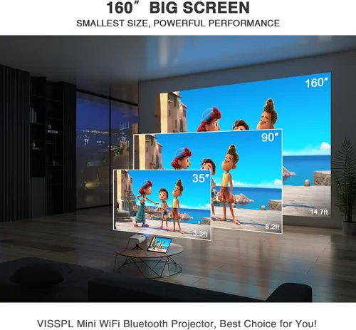 Vista 7 de Mini proyector con WiFi y Bluetooth, proyector VISSPL Full HD 1080P, proyector portátil para exteriores con trípode, proyector de cine en casa