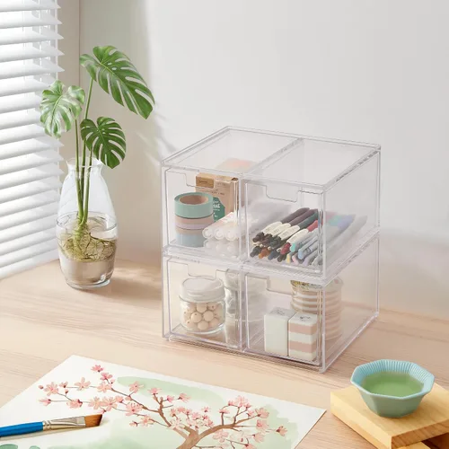 Vista 3 de STORi Chloe - Organizador de cajones transparente que ahorra espacio (4 cajones altos) para organizar suministros de oficina, cocina, belleza