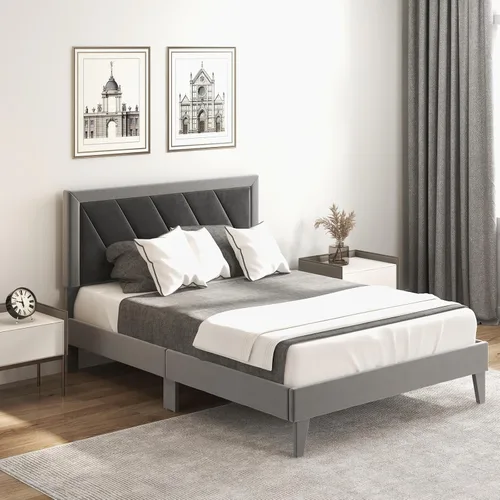 Vista 3 de Giantex Base de cama de terciopelo de tamaño matrimonial con cabecero, moderna plataforma tapizada, base de colchón con 12 listones de madera