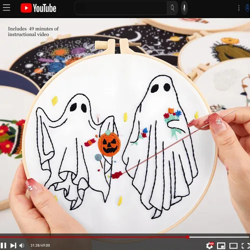 Vista 5 de Kit de bordado de Halloween para adultos principiantes, kit de punto de cruz estampado para adultos principiantes, kit de inicio de bordado a mano