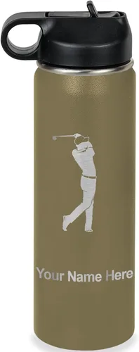 Vista 45 de LaserGram Botella de agua personalizada, golfista de golf, acero inoxidable de doble pared aislada al vacío con popote superior, regalo grabado Negro